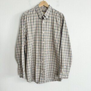 Duluth Trading Co Shirt Tan Green Plaid Check Long Sleeve Button Down